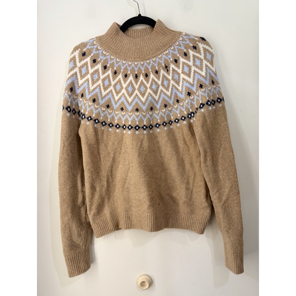 J.Crew Extra Soft Fair Isle Mock‎ Neck Sweater Tan Blue Women's Small